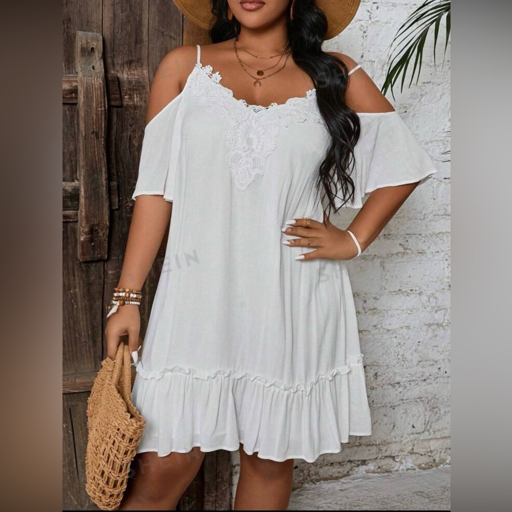 With off shoulder summer dress.